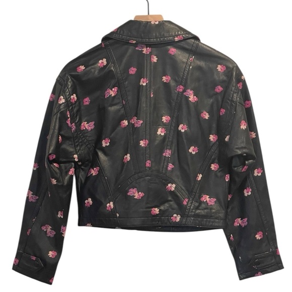 Rebecca Taylor Floriana Black Leather Jacket, Cropped, Pink Flower Print, Sz 2 - Picture 7 of 16